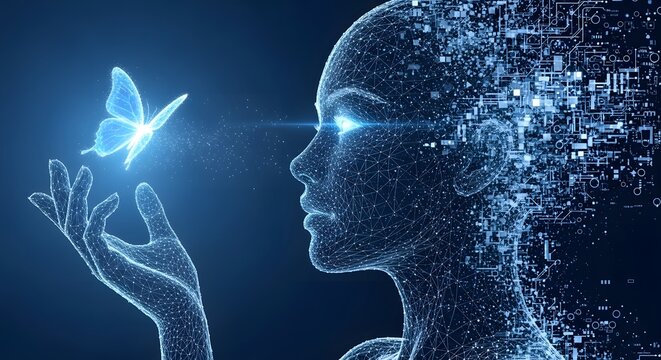 Illustration of digital woman made of glowing particles with a luminous butterfly on her hand, representing artificial intelligence and transformation