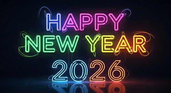 Neon new year 2026 typography against black background festive design