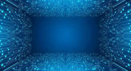 Illustration of abstract digital tunnel with glowing blue circuit board pattern and light particles, representing technology and data flow