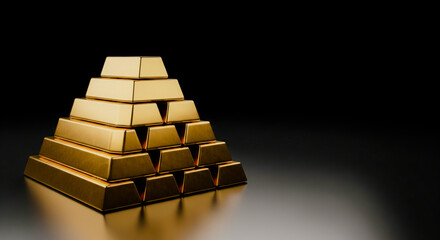 Stack of gleaming gold bars on a dark reflective surface with copy space for text investment and wealth concept