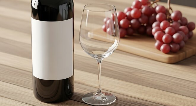 Dark glass wine bottle with blank white label next to empty wine glass and red grapes on wooden table