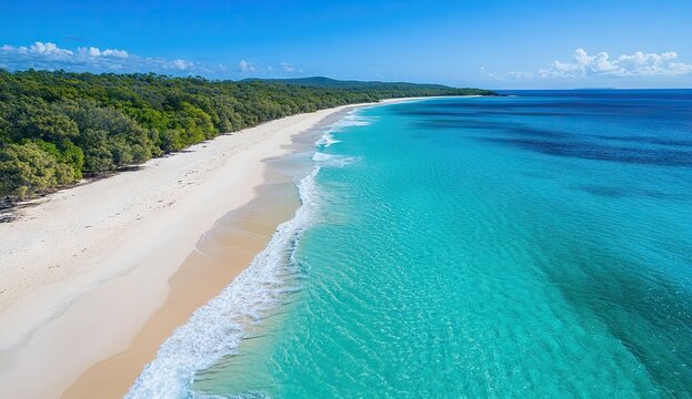An aerial view of a pristine white sandy beach with turquoise ocean waves and green hills in the distance - Powered by Adobe