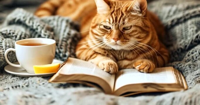 An intelligent ginger cat wearing round glasses lies on a cozy blanket, engrossed in reading a book, with a cup of tea and a slice of lemon beside it 4k video
