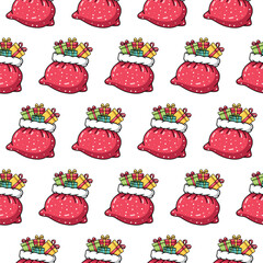Seamless pattern with Santa Claus in red costume and gifts. Cute vector illustration on transparent background, perfect for Christmas wrapping paper and festive design.