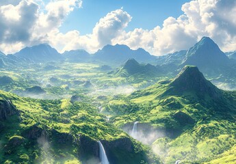 A dramatic misty mountain valley with a tall waterfall cascading down lush green cliffs under cloudy skies