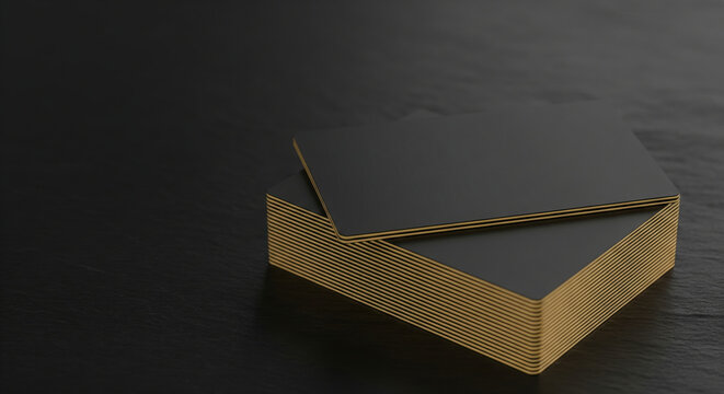 A stack of blank black business cards with a golden edge on a dark background with copy space for branding