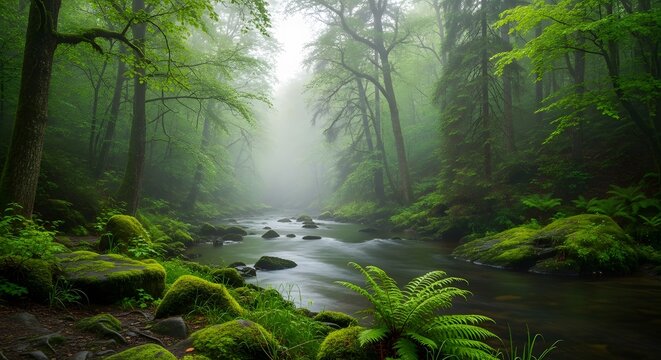 Lush forest landscape with flowing river and vibrant green foliage scenery