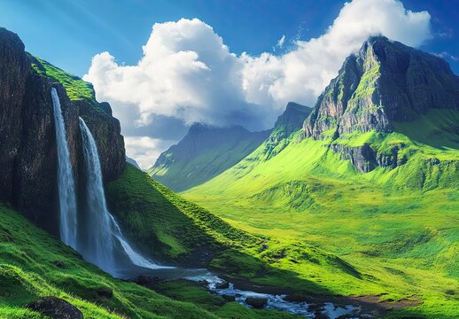 A dramatic misty mountain valley with a tall waterfall cascading down lush green cliffs under cloudy skies - Powered by Adobe