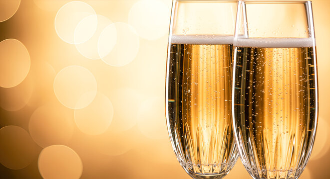 Two elegant glasses of champagne with golden bubbles on a blurred festive background with bokeh lights copy space - Powered by Adobe
