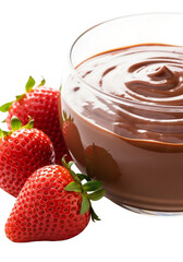 Fresh strawberries next to a glass bowl filled with creamy chocolate pudding