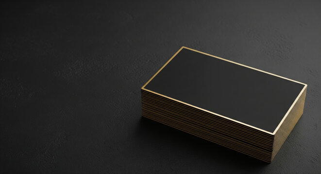 A stack of blank black business cards with a golden edge on a dark background with copy space for branding