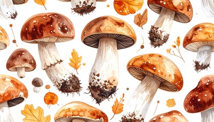 Watercolor Mushroom Illustration - Autumnal Forest Edibles and Foliage.