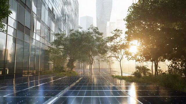 Urban landscape integrating solar panels for green energy
