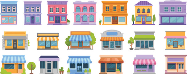 Cartoon storefront grid featuring diverse architecture, colorful facades, small business shops, urban retail buildings, and playful commercial design elements