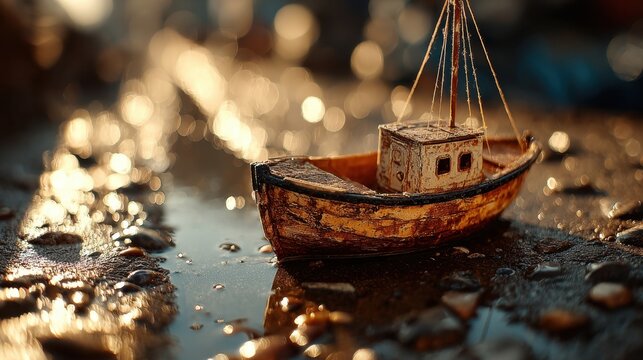 Miniature weathered vessel model rests on a sandy surface reflecting warm bokeh lights, evoking nostalgia and a sense of seaside adventure.