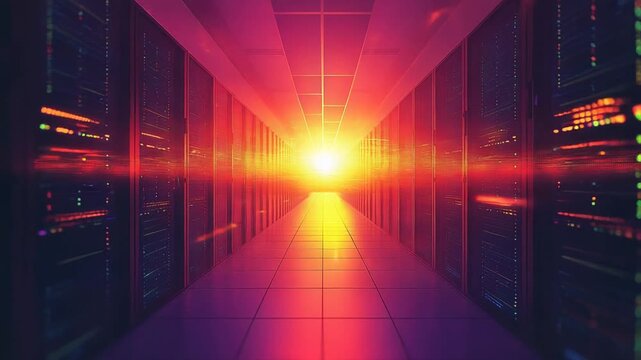 Server racks in data center with glowing light symbolizing digital big data