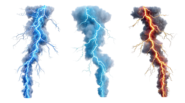 Electrical Symphony: A striking composition of three dynamic cloud formations, each illuminated by a powerful lightning strike, symbolizing the raw energy and dramatic spectacle of nature's forces. - Powered by Adobe