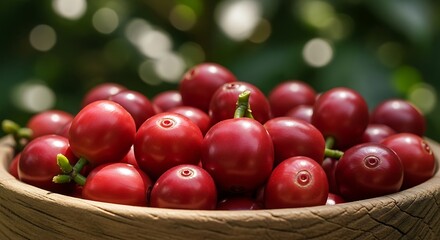 Freshly Harvested Red Coffee Cherries in Wooden Bowl Rustic Farm Natural Greenery Background Organic Raw Beans Agriculture Concept
