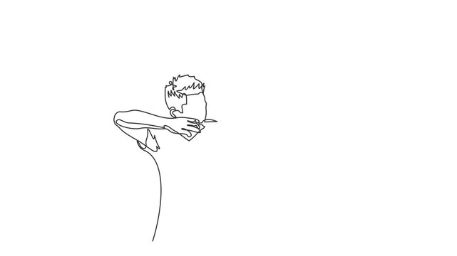 Animated self drawing of continuous line draw of Concept of determinate business man with bow and arrow. Young entrepreneur success. Full length one line animation. 4K