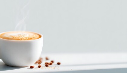 Steaming latte with foam art and scattered beans evokes morning comfort and cafe vibes