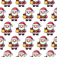 Seamless pattern with Santa Claus in red costume and gifts. Cute vector illustration on transparent background, perfect for Christmas wrapping paper and festive design.