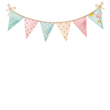 Watercolor pastel bunting clipart, festive garland flags illustration