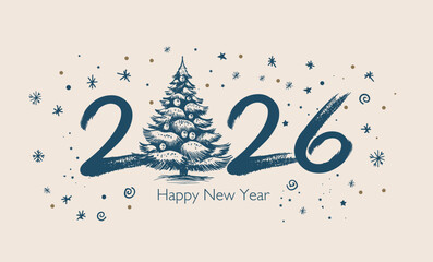 New Year 2026 card, postcard, hand drawn illustration.	
