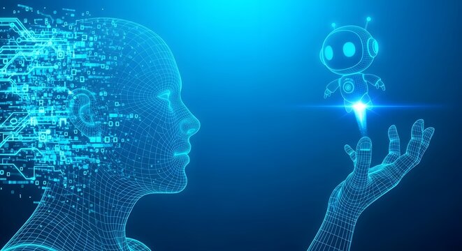 Illustration of artificial intelligence concept, a human head made of digital particles and a small robot held in a hand, symbolizing ai development and future technology