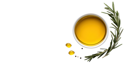 Olive oil in bowl with rosemary and pepper on transparent background