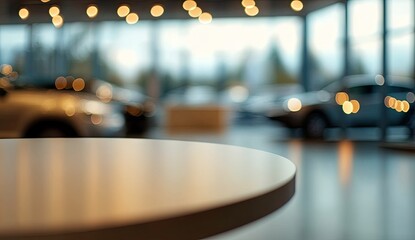 A round white table in sharp focus with a blurred car showroom filled with vehicles and soft lighting in the background