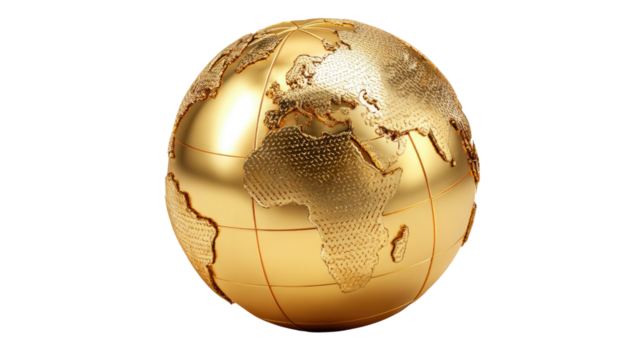 Golden World Sphere: A beautifully crafted, golden sphere of the Earth symbolizes global interconnectedness and exploration. It offers a striking visual that conveys concepts of luxury and prestige.