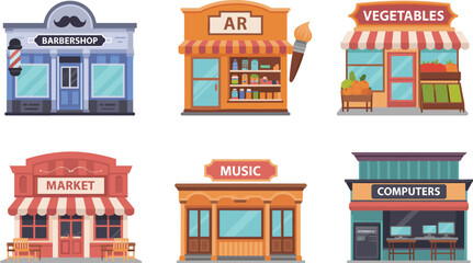 Cartoon storefront set with barbershop, art store, vegetable shop, market, music store, and computer shop in colorful style