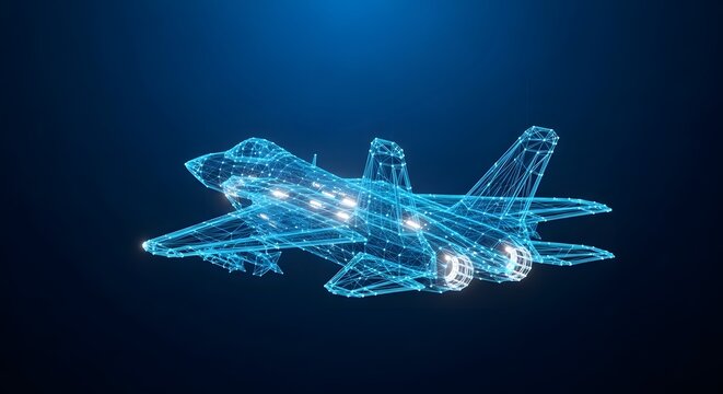 Illustration of futuristic digital wireframe model of a stealth fighter jet, glowing with blue light on a dark background, representing advanced technology and aerospace innovation