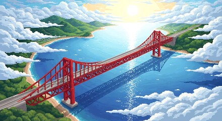 Vibrant Pixel Art Suspension Bridge Over Water Sunny Day Green Hills Horizon.