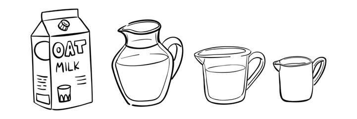 set of hand-drawn graphic illustrations consists of a package of oat milk and various beverage jugs. Perfect for vegan menus, food packaging, culinary blogs, and non-dairy iconography.