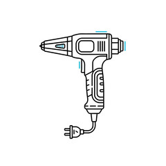 Handheld electric heat gun power tool in a minimalist black line art style with a color glitch effect.