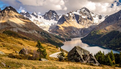 Valley lake scene surrounded by mountains