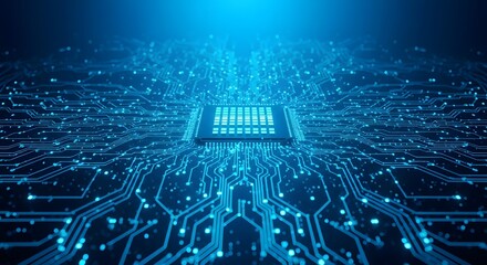 Illustration of abstract digital technology background with glowing blue circuits and a central processor chip, representing artificial intelligence and data processing