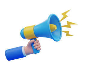 3d illustration of a hand holding a blue and yellow megaphone with yellow lightning bolts