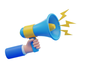 3d illustration of a hand holding a blue and yellow megaphone with yellow lightning bolts