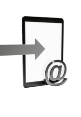 An arrow points to a tablet with an at symbol in front of it