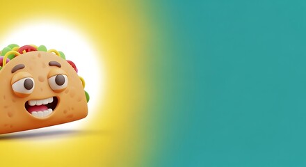 Joyful 3D Cartoon Taco Character with Wide Smile on Vibrant Background for Food Concepts.