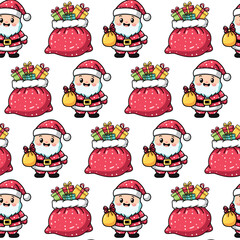 Seamless pattern with Santa Claus in red costume and gifts. Cute vector illustration on transparent background, perfect for Christmas wrapping paper and festive design.