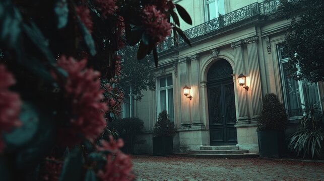 Elegant home exterior: Ornate architecture, arched entrance, and glowing lights create a sophisticated and inviting atmosphere.