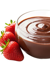 Fresh strawberries next to a bowl of swirling chocolate sauce