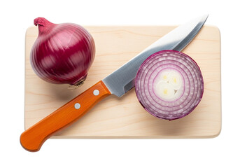 Red onion cut in half with a knife on a wooden cutting board
