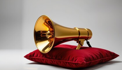 A golden megaphone rests on a plush red pillow, symbolizing communication and attention.