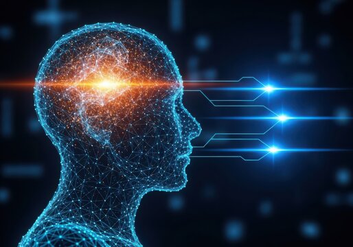 Abstract digital human head made of glowing particles with futuristic data streams