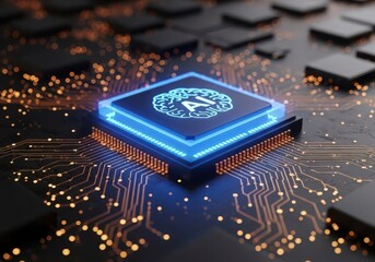 Closeup of a glowing blue ai chip on a circuit board with orange light trails