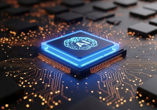 Closeup of a glowing blue ai chip on a circuit board with orange light trails